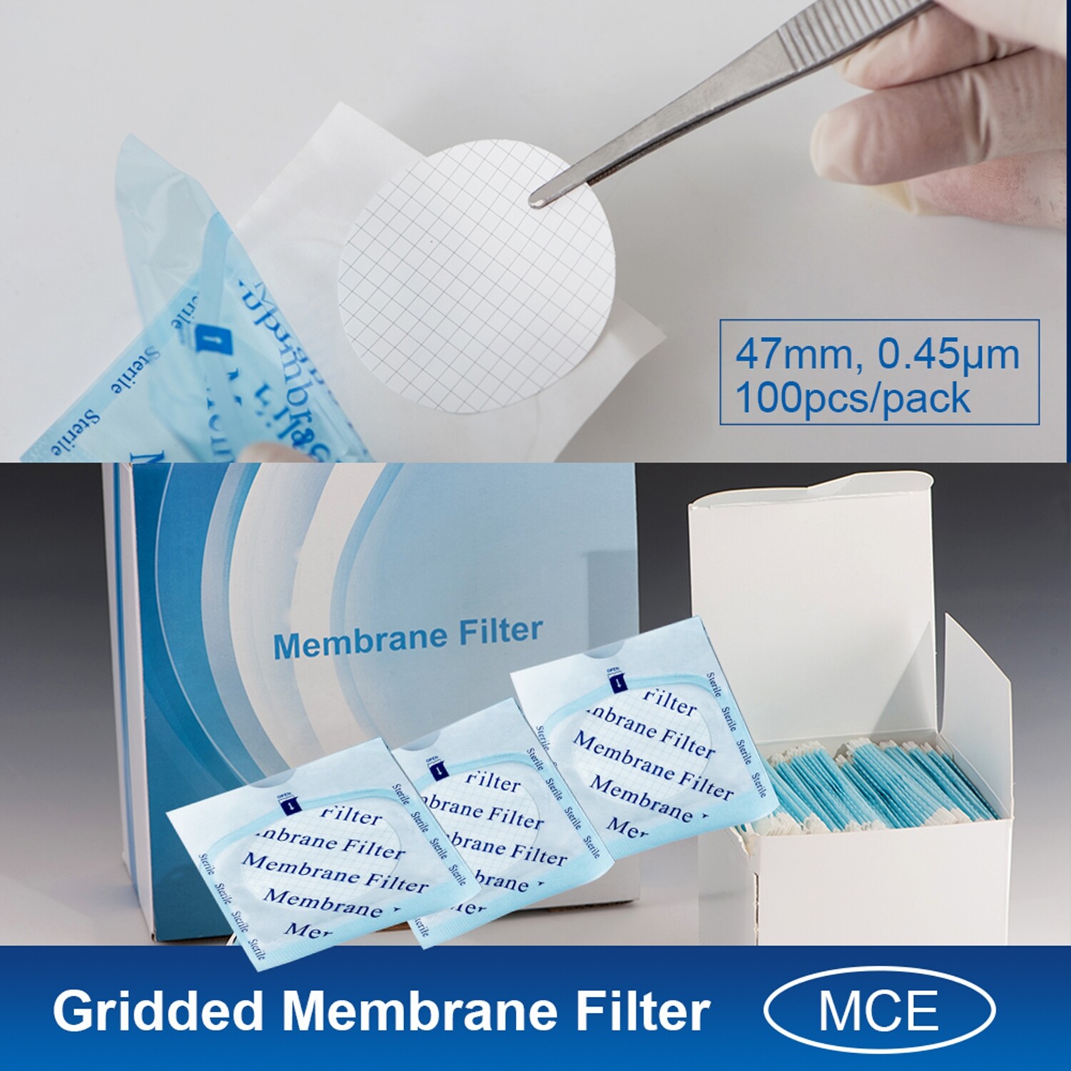 Sterile MCE Membrane Filters w/ Absorbent Pads Black Grid 47mm, 0.45um,1000PCS