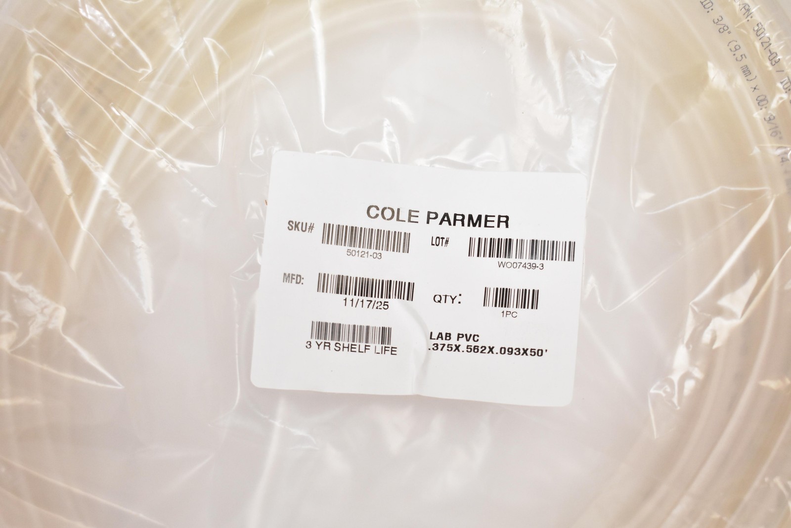 Cole Parmer Clear Lab PVC Tubing 3/8″ ID x 9/16″ OD x 50 Ft Coil 50121-03