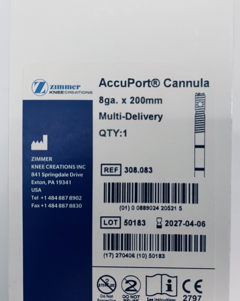 Zimmer AccuPort Cannula 8Ga x 200mm Multi- Delivery REF 308.083 Exp 2027