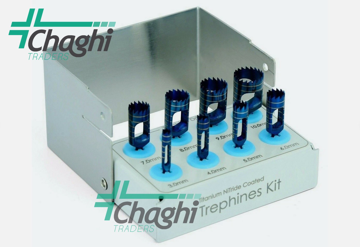 Trephine Kit 8 PCs Blue Titanium Coated & Bur Holder Dental By Chaghi Traders