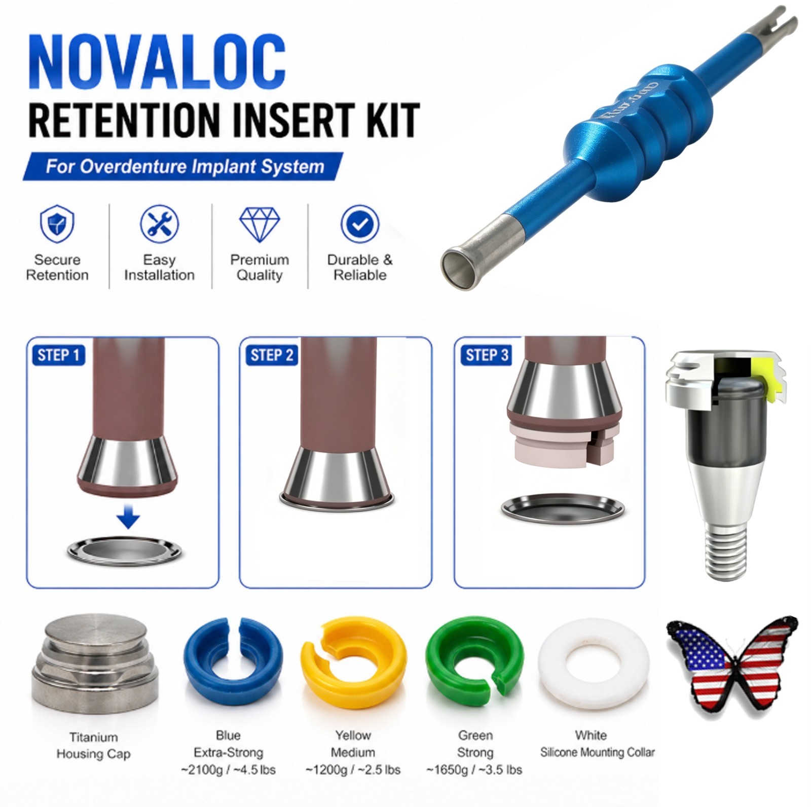 US Dental Novaloc Retention Inserts & Mounting/Demounting Tool Kit Overdenture
