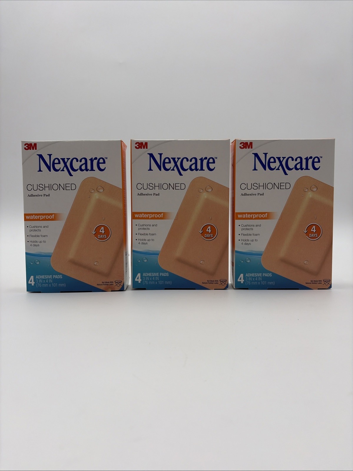 Nexcare Absolute Waterproof Adhesive Gauze Pad, One Size, 4 4 Pads Size Lot Of 3