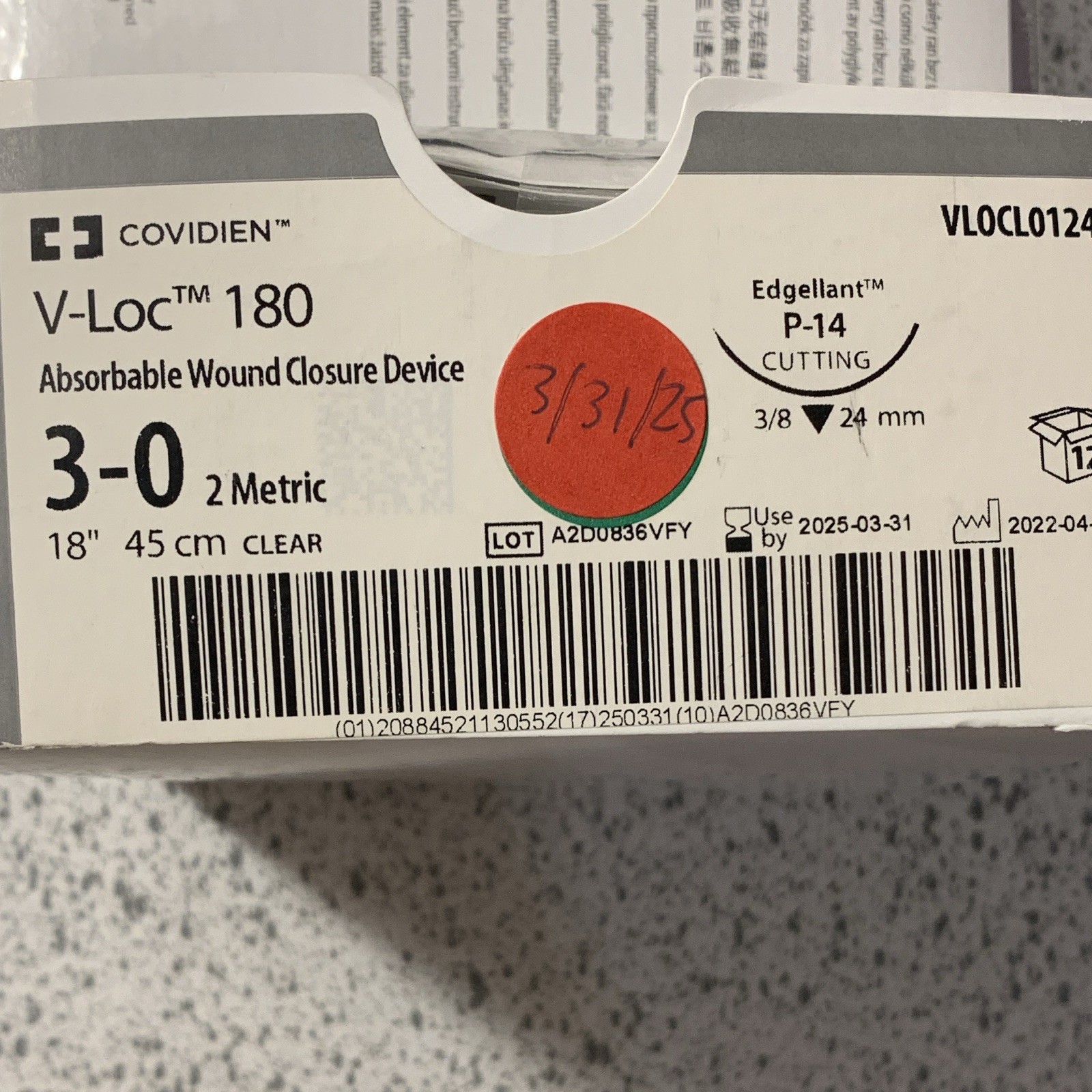 Covidien V-Loc 180 Absorbable Wound Closure Device 3-0 18in Clear VLOCL0124