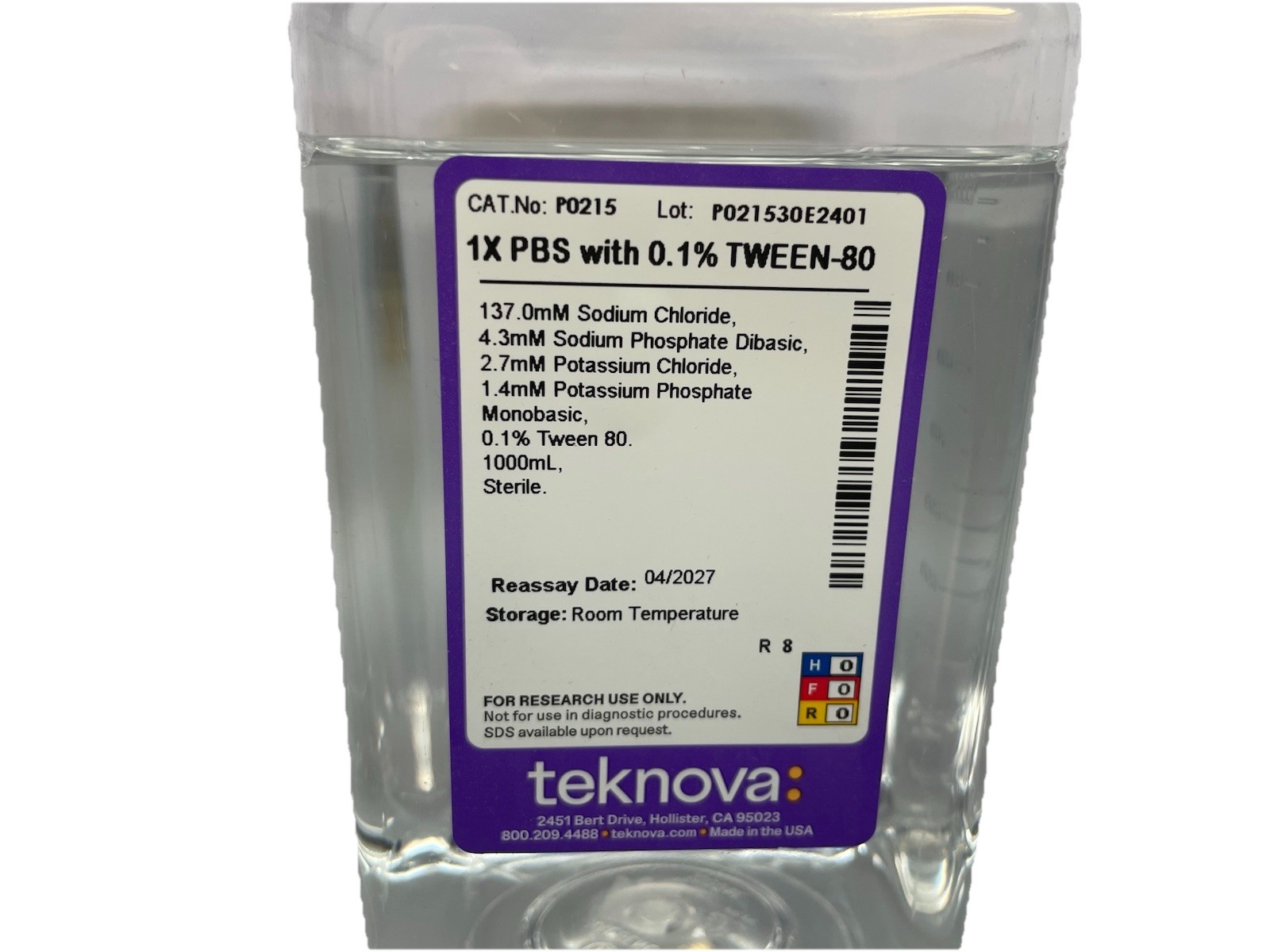 Teknova 1X PBS with 0.1% Tween-80 1000mL Sterile P0215