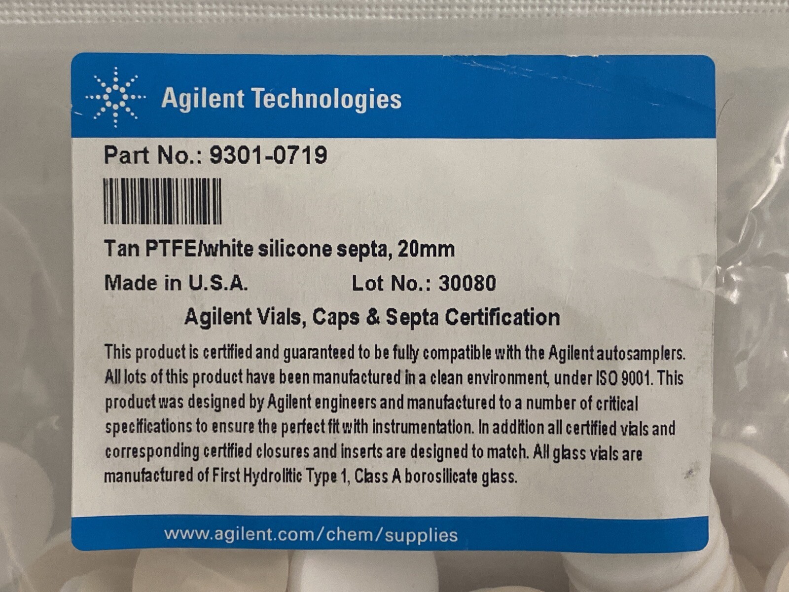 (100/Pk) AGILENT Headspace Tan PTFE / White Silicone 20mm Septa 9301-0719