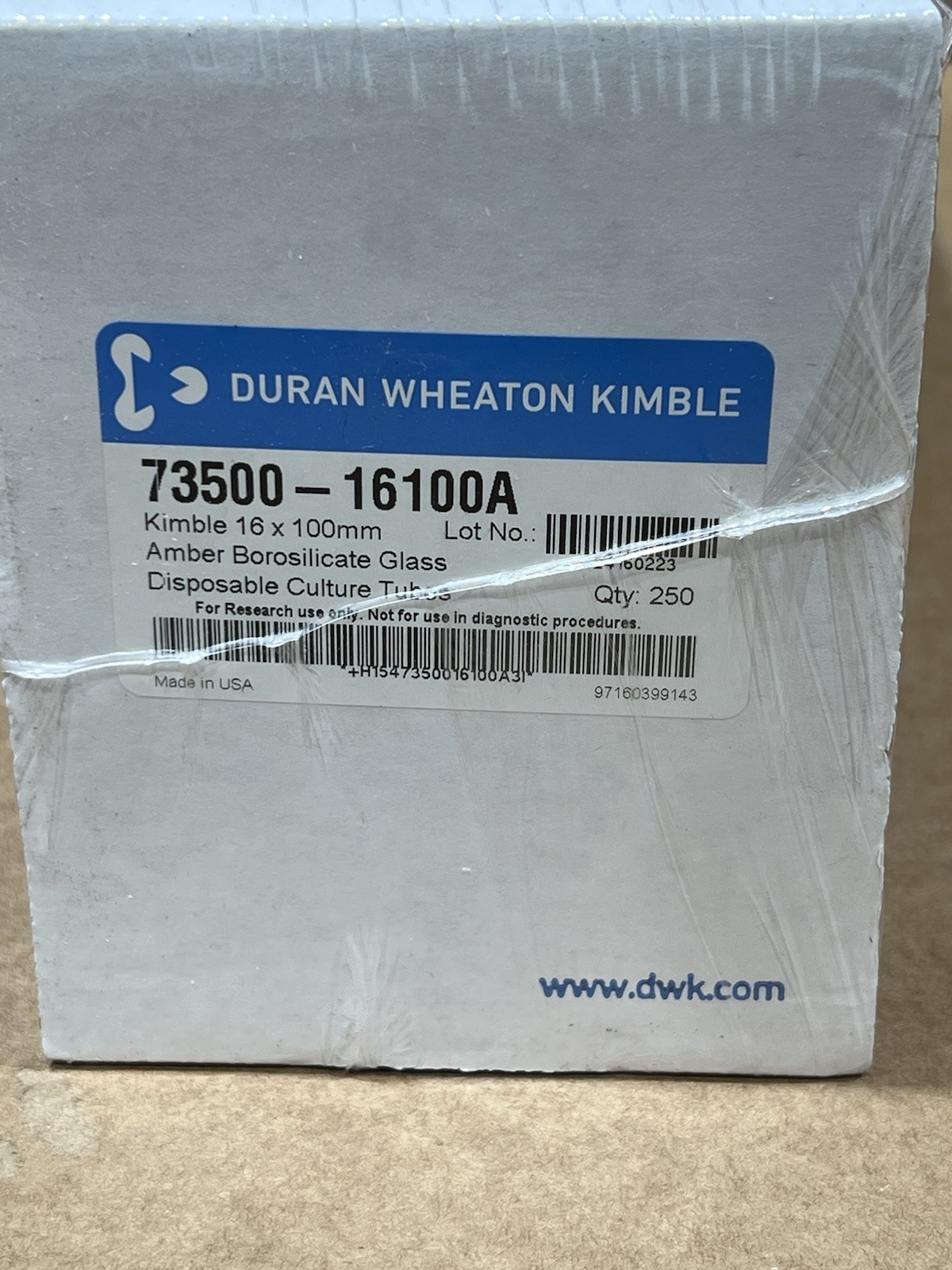 Duran Wheaton Kimble 73500-16100A 16x100mm Amber Borosilicate Glass Tubes 250
