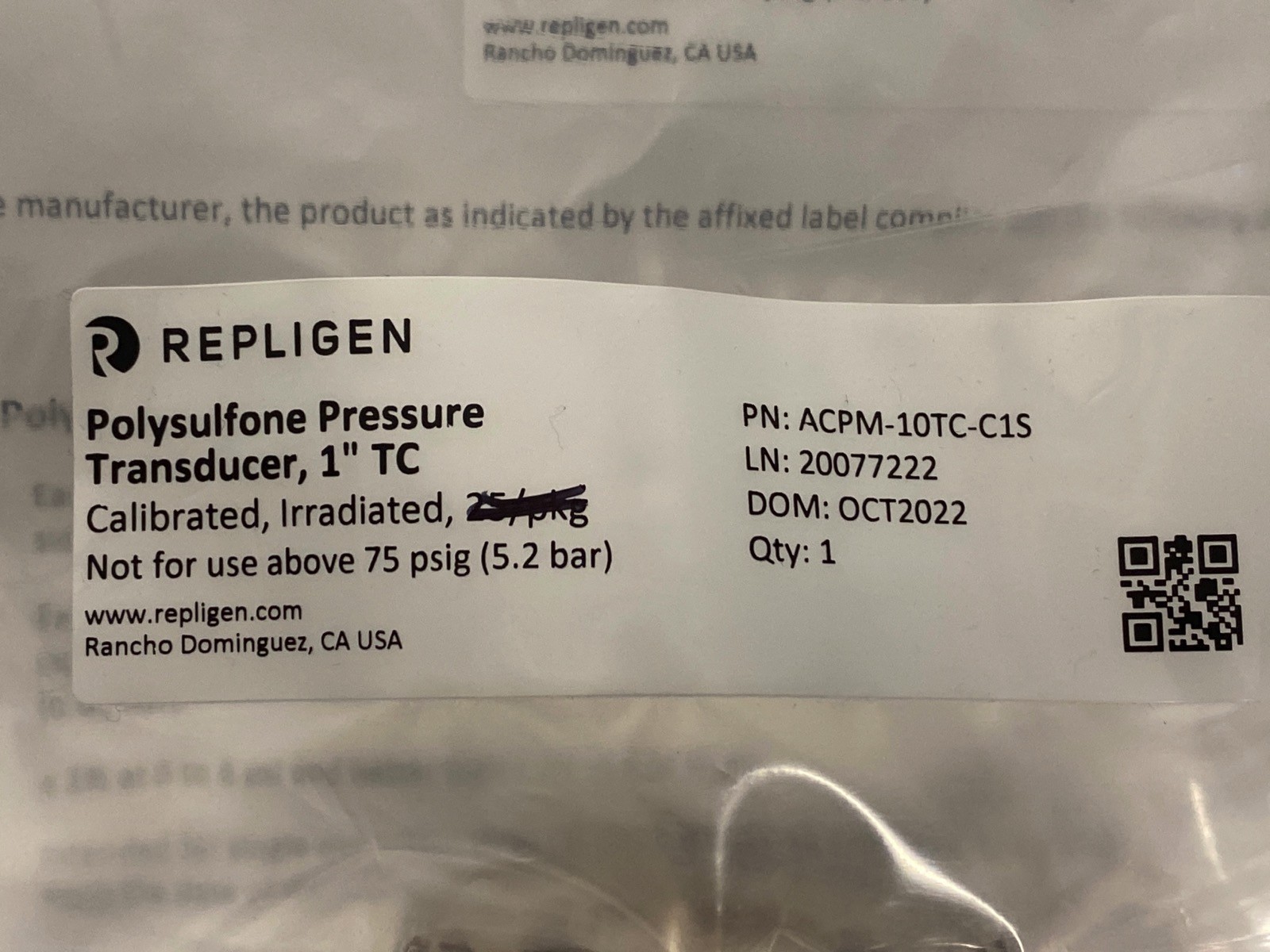 REPLIGEN Disposable Polysulfone Pressure Transducer 1” TC ACPM-10TC-C1S