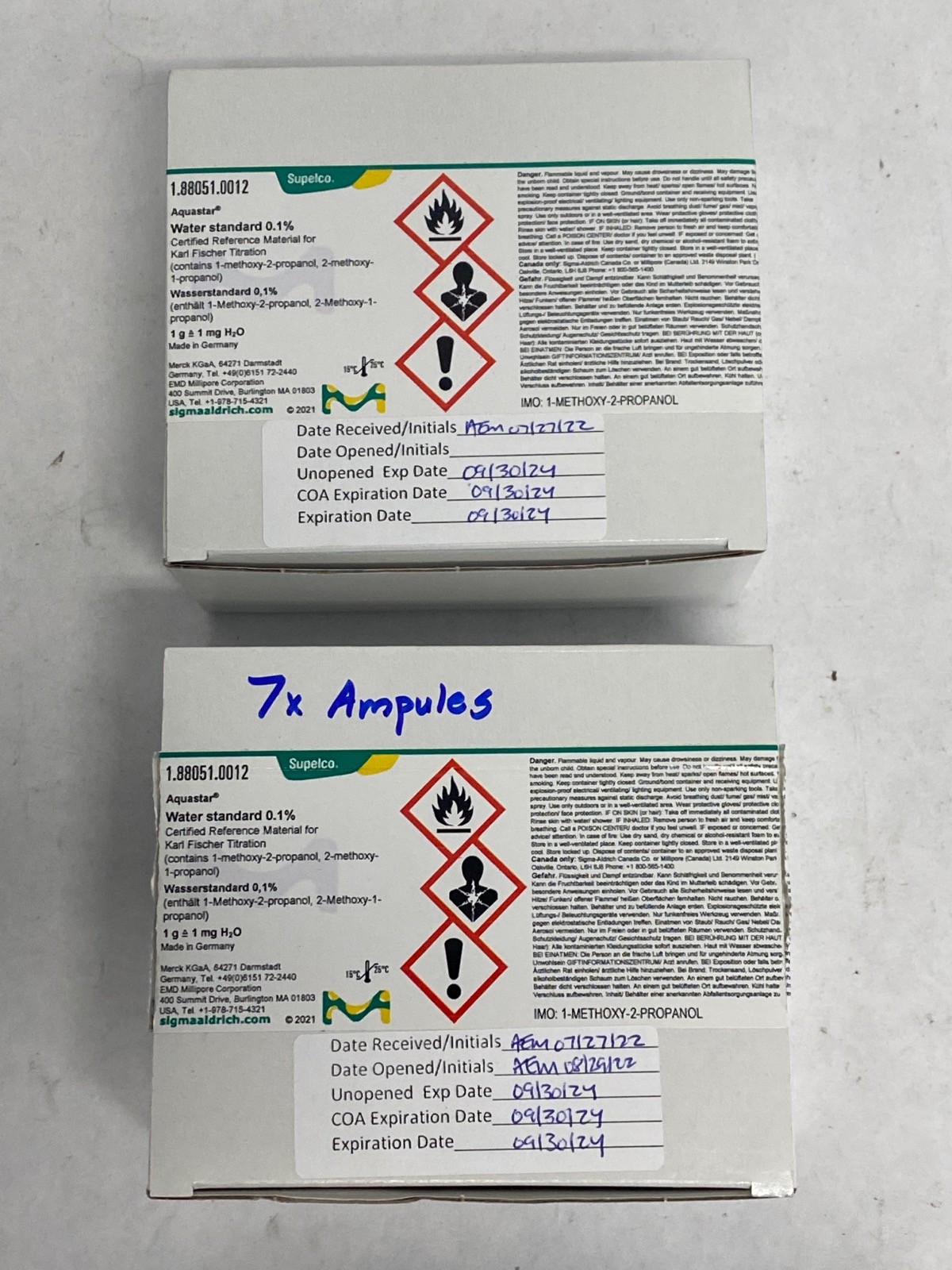 (37) SUPELCO Aquastar 8mL Water Standard 0.1% & 1.0% for Karl Fischer Titration