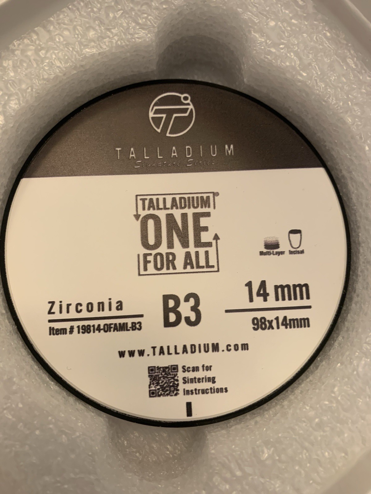 Zirconia Disc Puck Milling Dental Talladium One For All 98 X 14mm B3