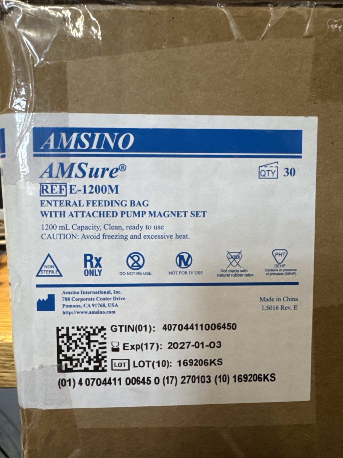 Amsino AMSure Enteral Feeding Bag 1200 mL Pump Magnet Set E-1200M Lot of 30