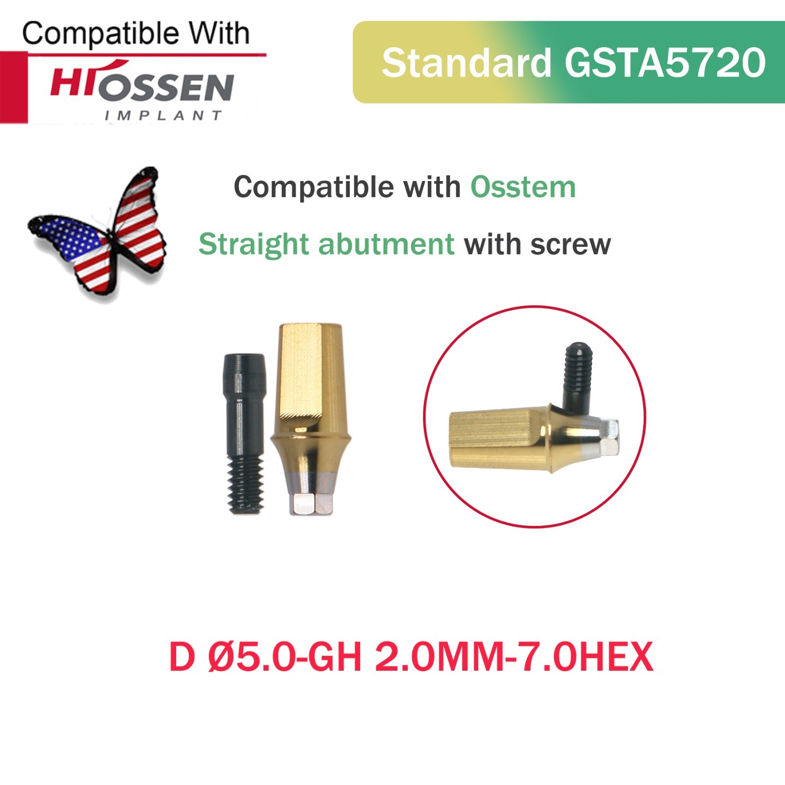 Dental Straight Transfer Abutment Regular Ø5.0 mm Hex GH 1–6 mm Hiossen/Osstem