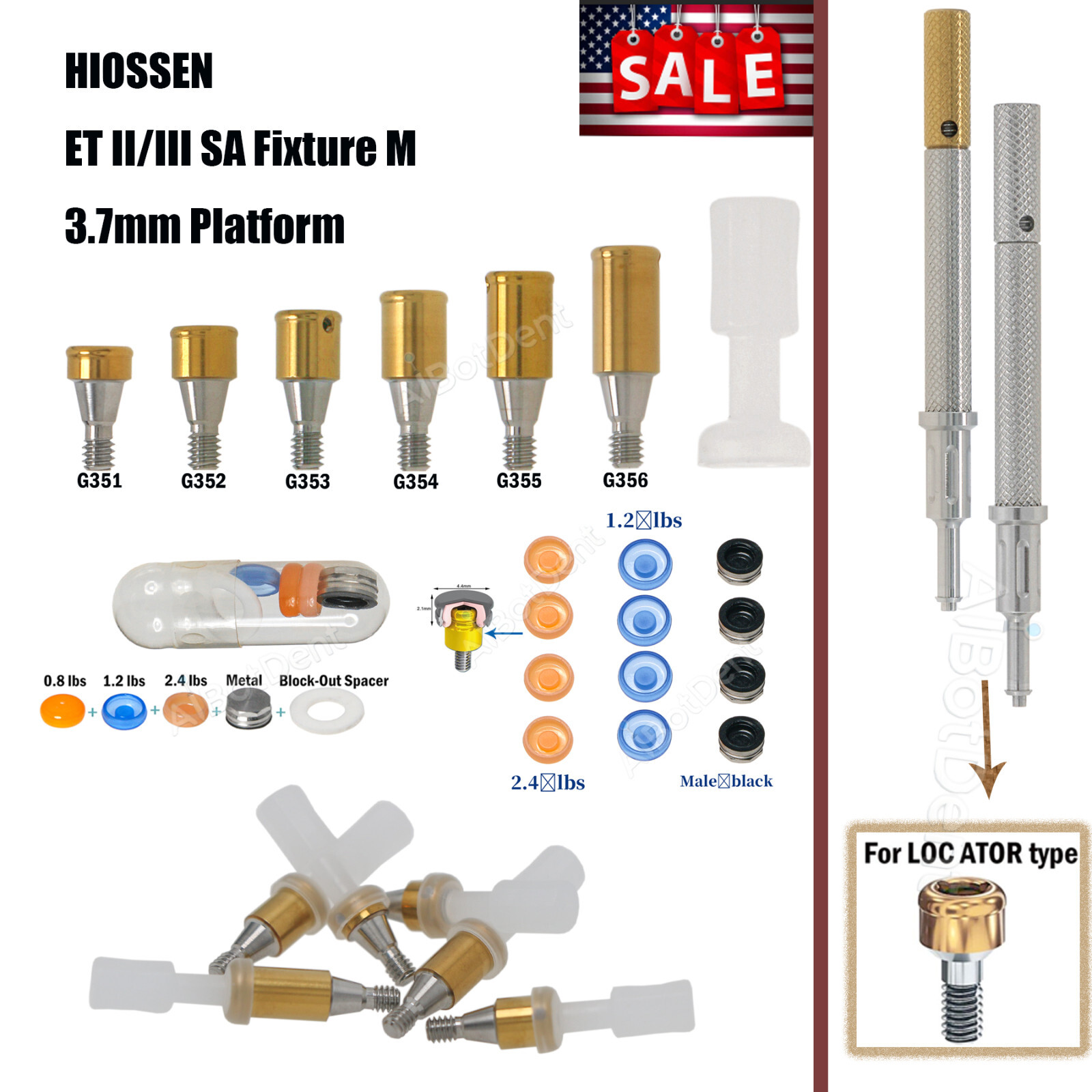 US Dental Hiossen ET I/II Mini Implant Abutment Set 1-6mm, PEEK Caps 1-5PCS Kit