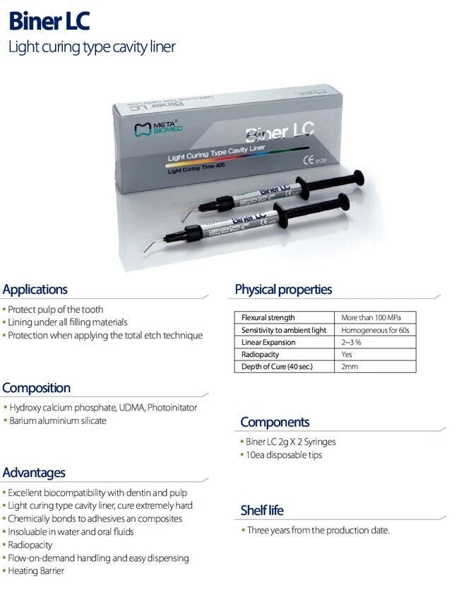 Liner & Base Mateiral 2 x 2gm Syr Pack META Dental BINER LC Type Cavity FREE FS