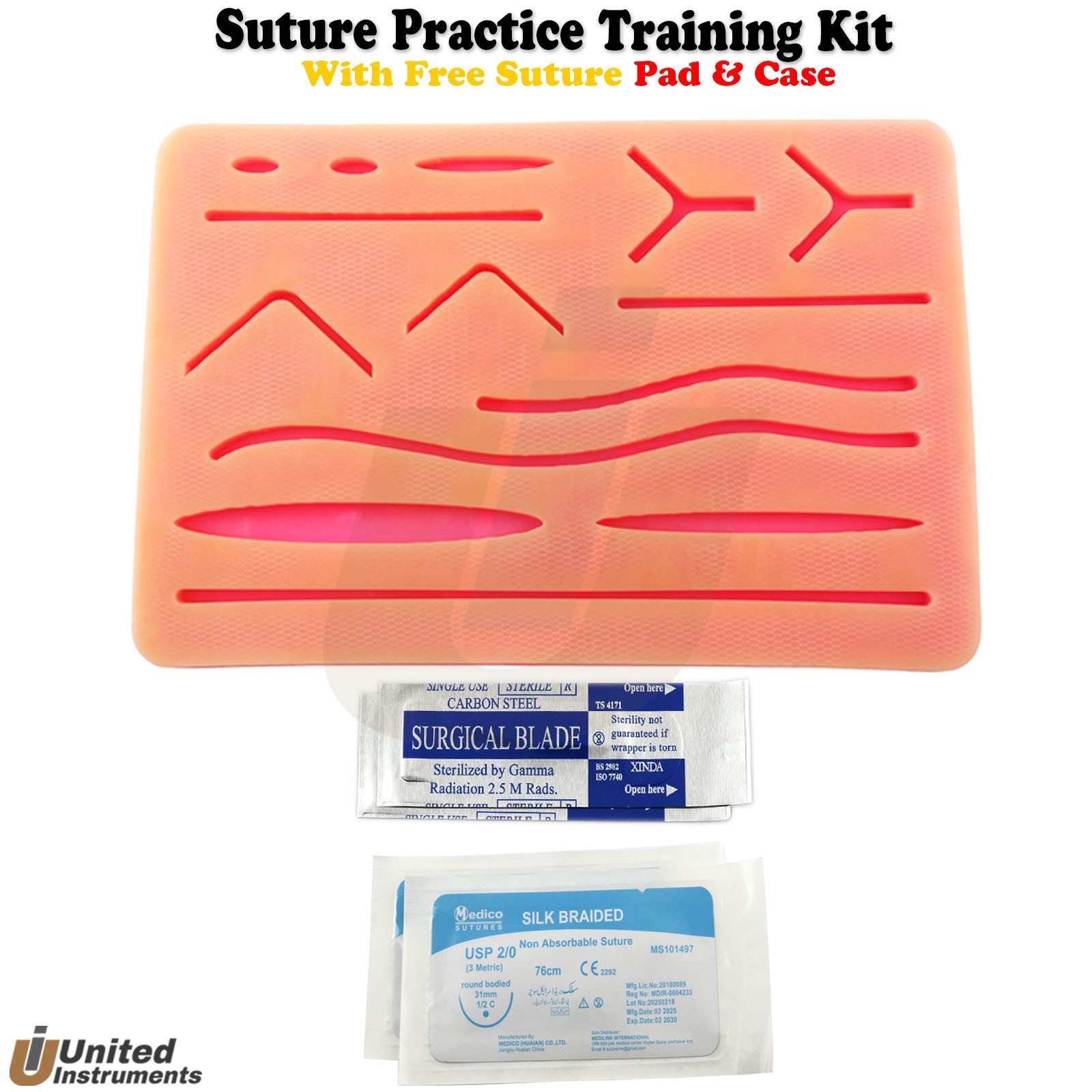 Student Practice Suture Kit Needle Holder Silicone Pad Training Tweezers Scissor