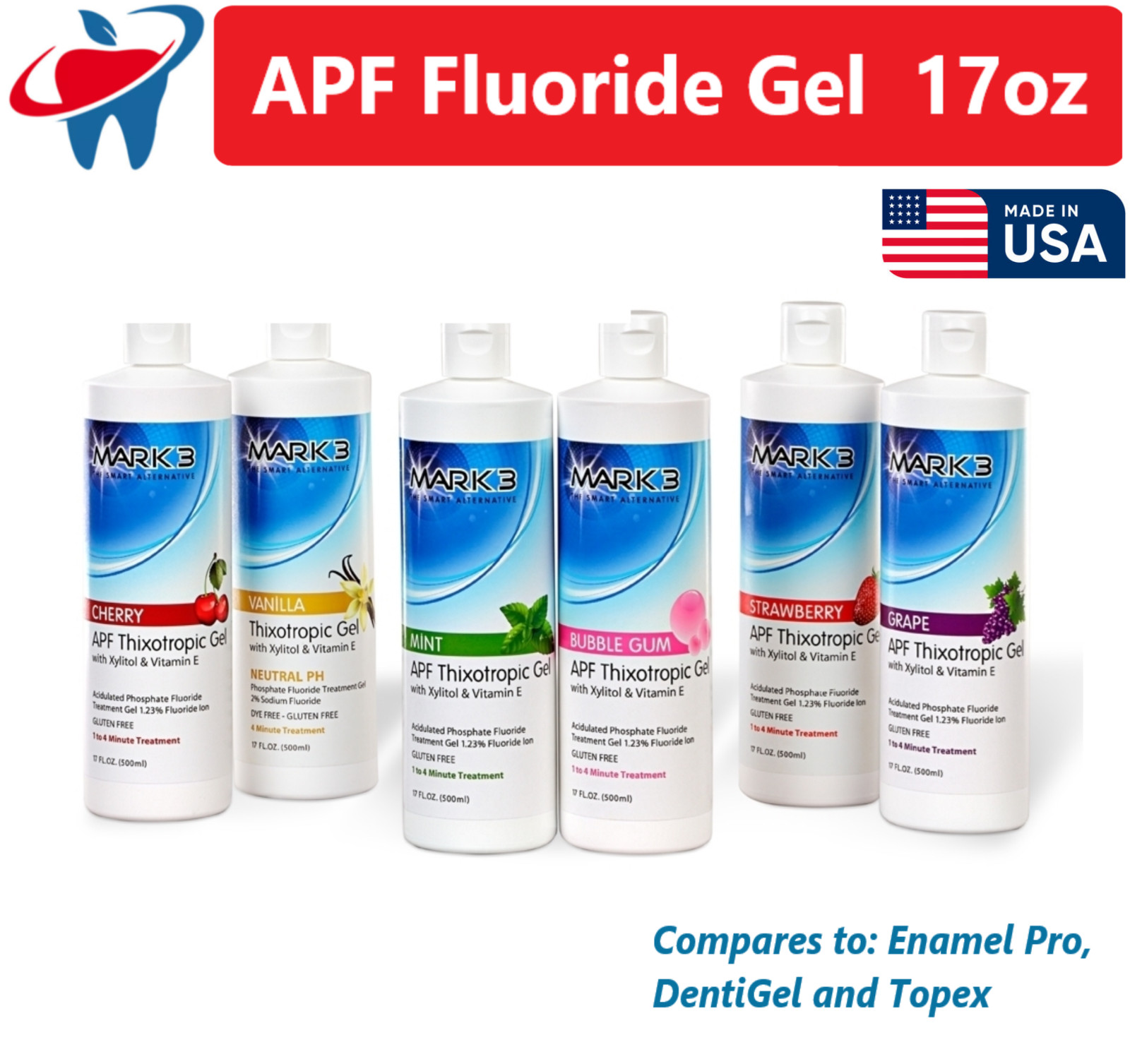 3Pk Dental APF Fluoride Gel 17oz with Vitamin E, 6 Flavors, Made in USA – MARK3