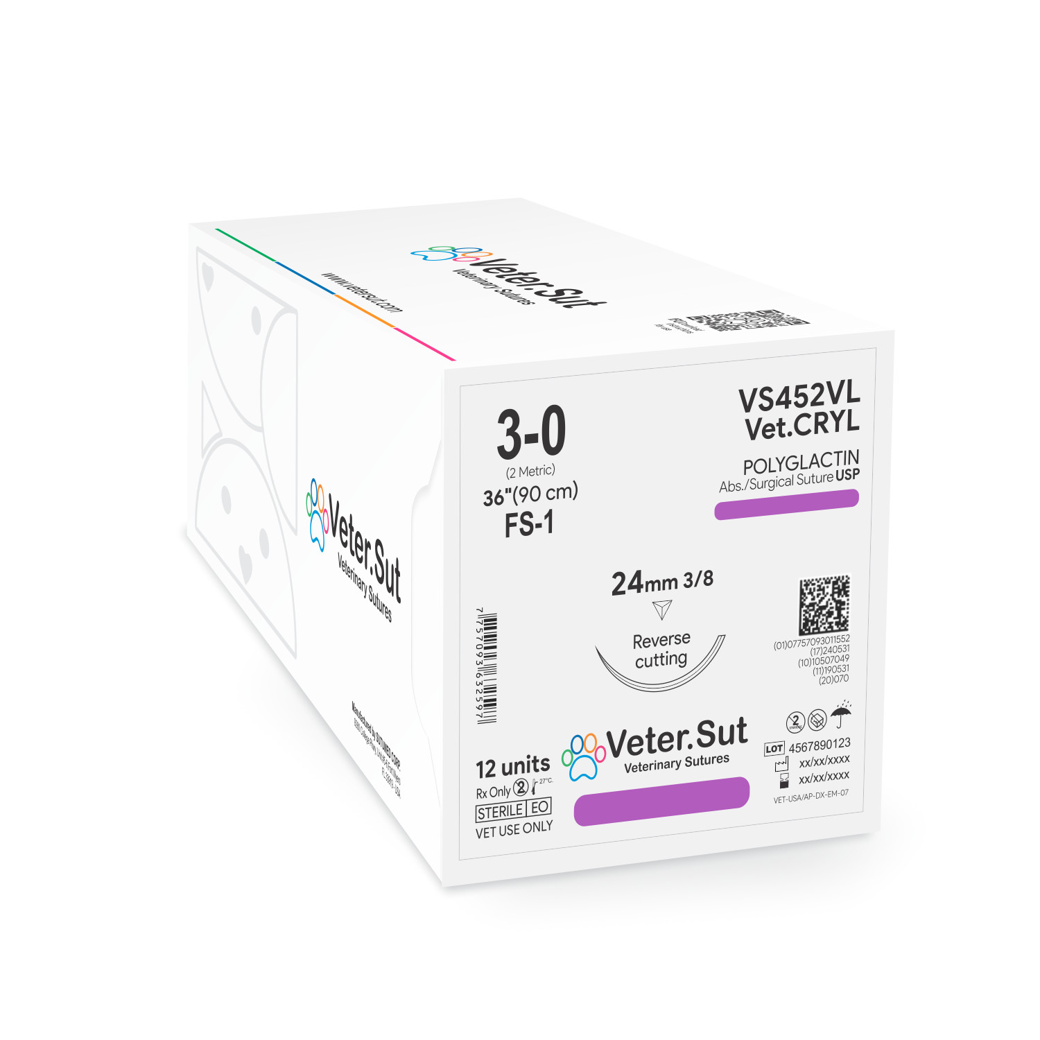 Vet-Cryl Polyglactin, USP 3-0, 3/8 24mm reverse cutting Veterinary Sutures