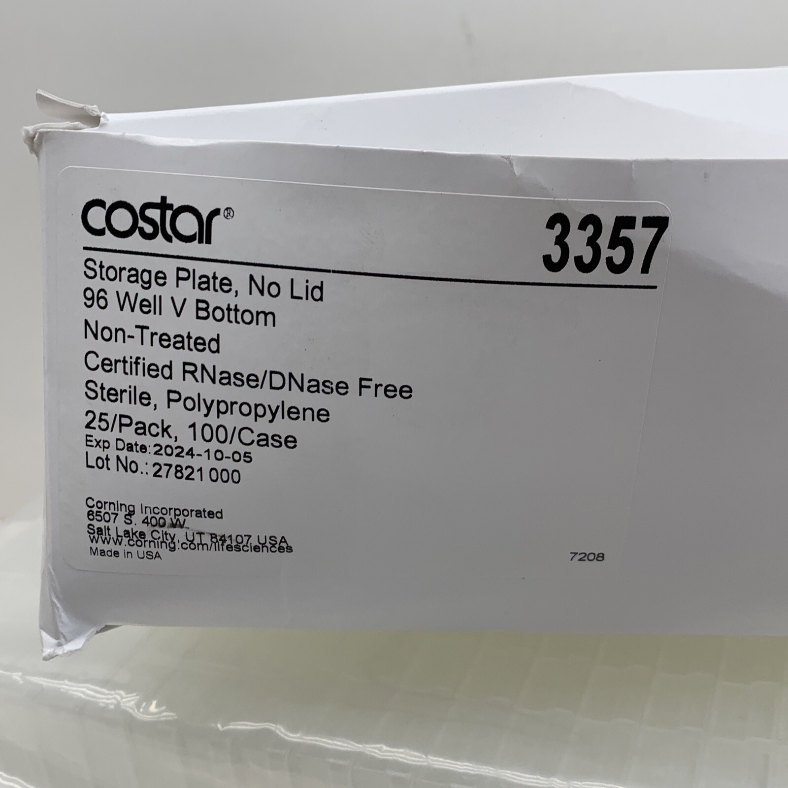 (25-Pack) Corning Costar 3357 V-Bottom Storage Plate 96-Well No Lid, Sterile