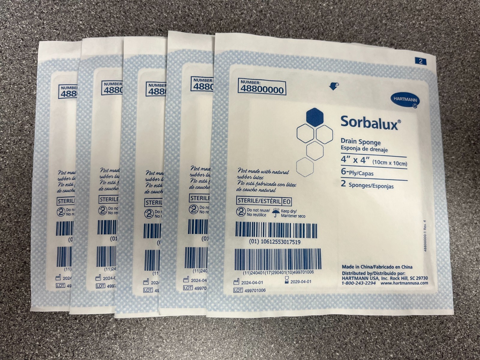 5 pack Sorbalux Hartmann 4 Ply Sterile 4 x 4 All Purpose Gauze Sponges 48880000