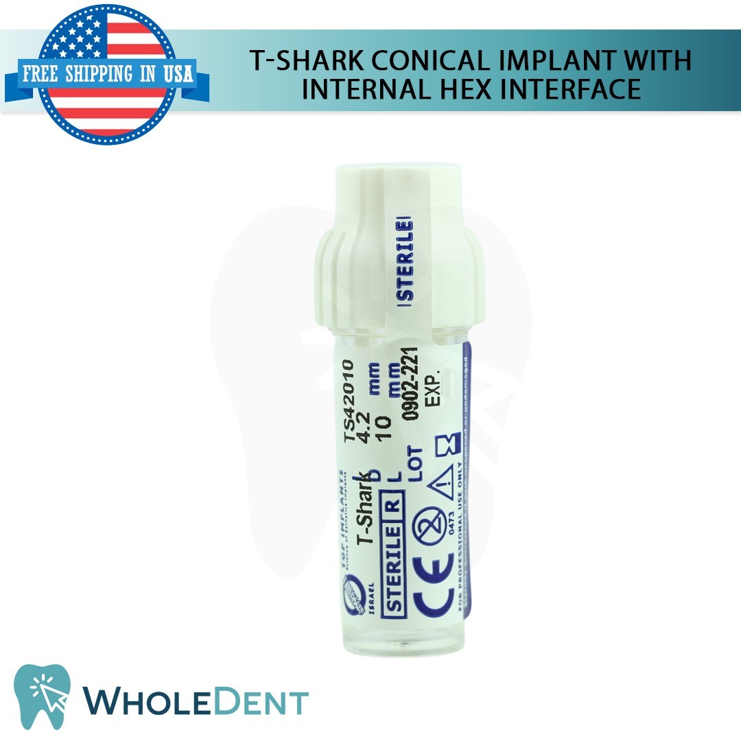 1x Dental T-shark Conical Fixture with Int Hex Connection Titanium Sterile SLA