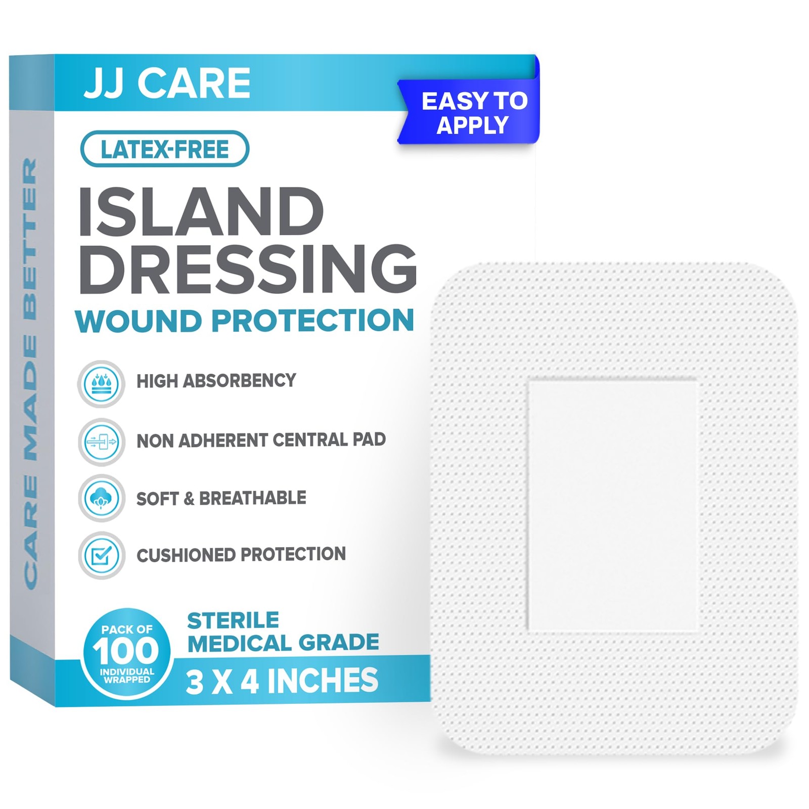 JJ CARE Adhesive Island Dressing [Pack of 100], 3×4 Sterile 3″ X 4″ (100 PCS)