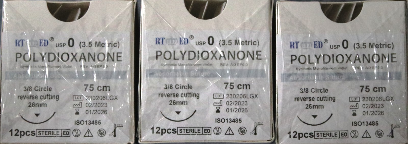 PDO/PDS Sutures SIZE 0, 75cm 3/8 circle 26mm cutting needle Human/Vet 3 DOZ.