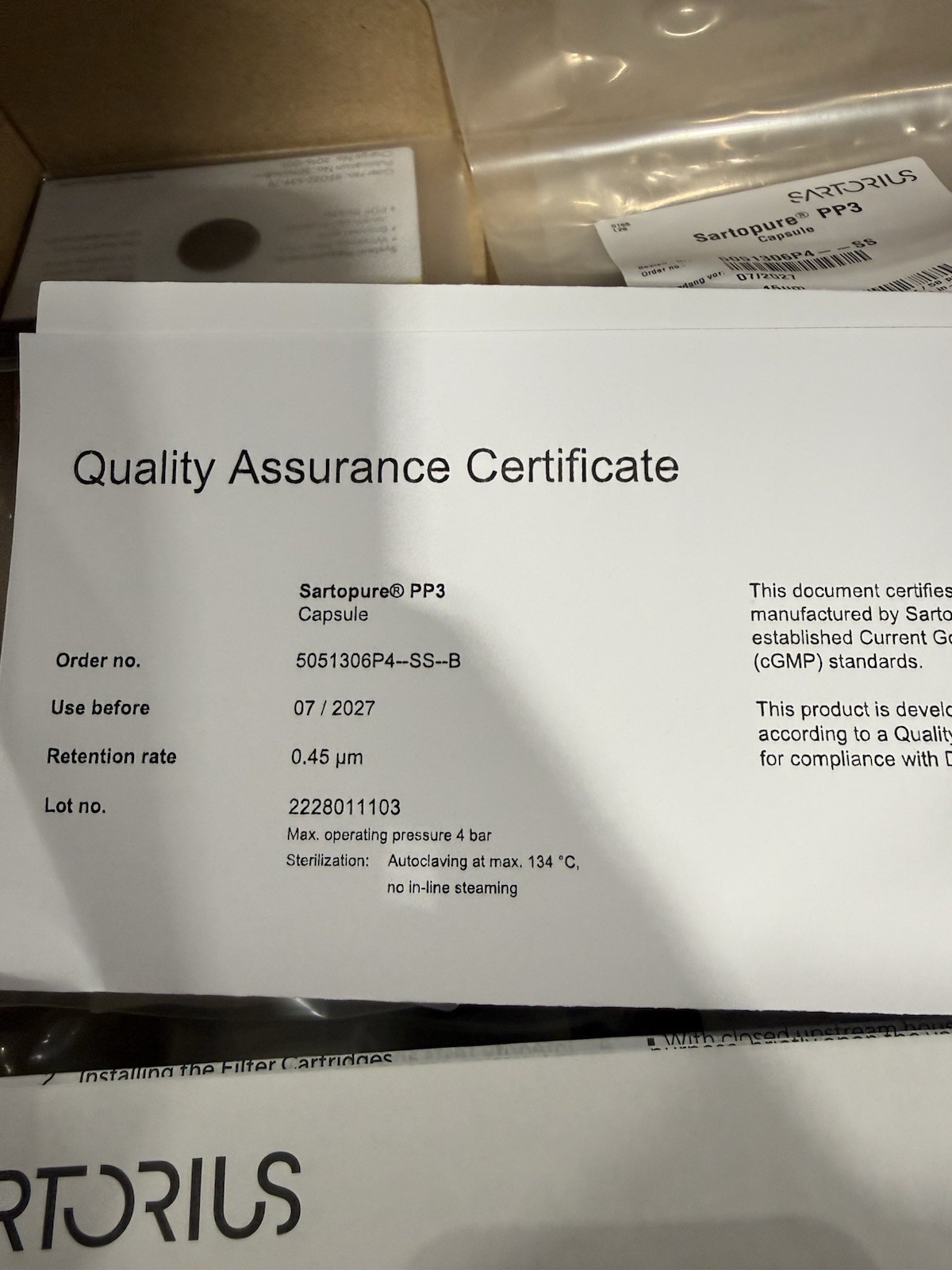 (5/Pk) SARTORIUS Sartopore PP3 Filter Capsule 0.45um Size 4 5051306P4–SS–B NEW