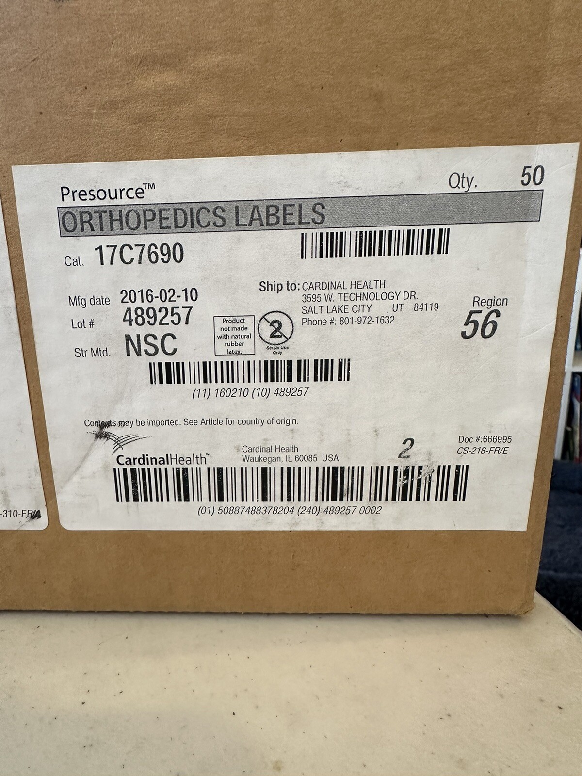 Case Of 49 Cardinal Health Orthopedics Labels Cat 17C7690 Sterile Single Use