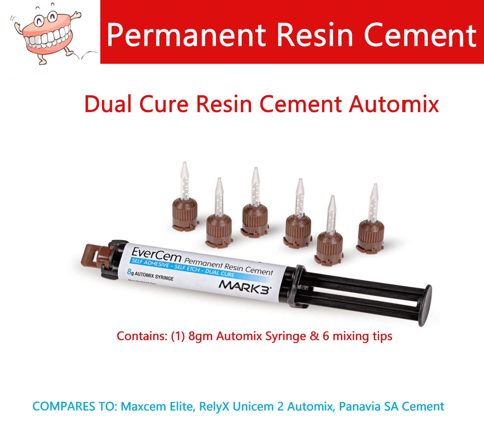 Dental Permanent Resin Cement Self Adhesive Self Curing, 8gm Automix Syr 6 Tips