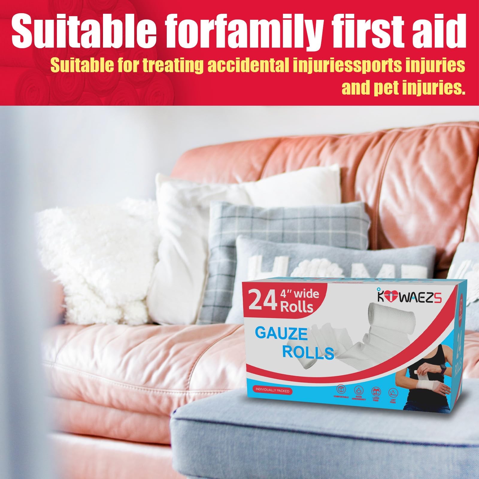 KIWAEZS 24 Pack Gauze Rolls Bandages 4 ” x 4.1 yd Premium Quality of 24