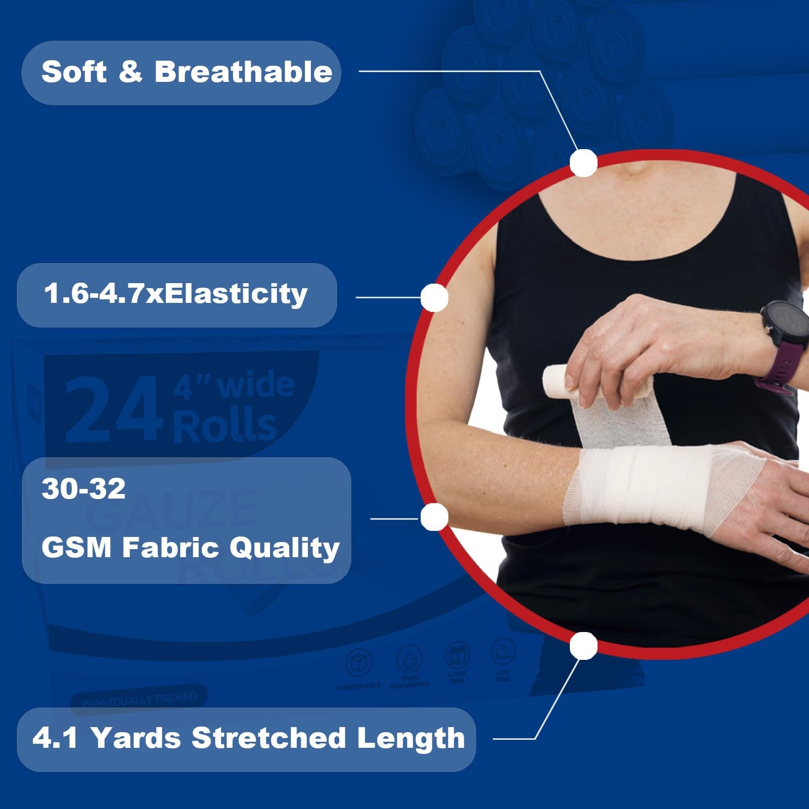 KIWAEZS 24 Pack Gauze Rolls Bandages 4 ” x 4.1 yd Premium Quality of 24