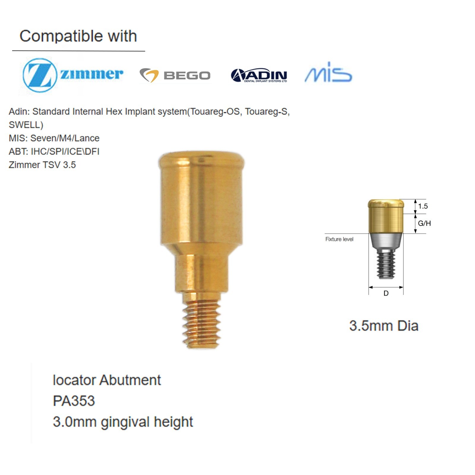US Zimmer Adin Mis Bego Overdenture locator Abutments &Male Caps Tools For 1-5mm