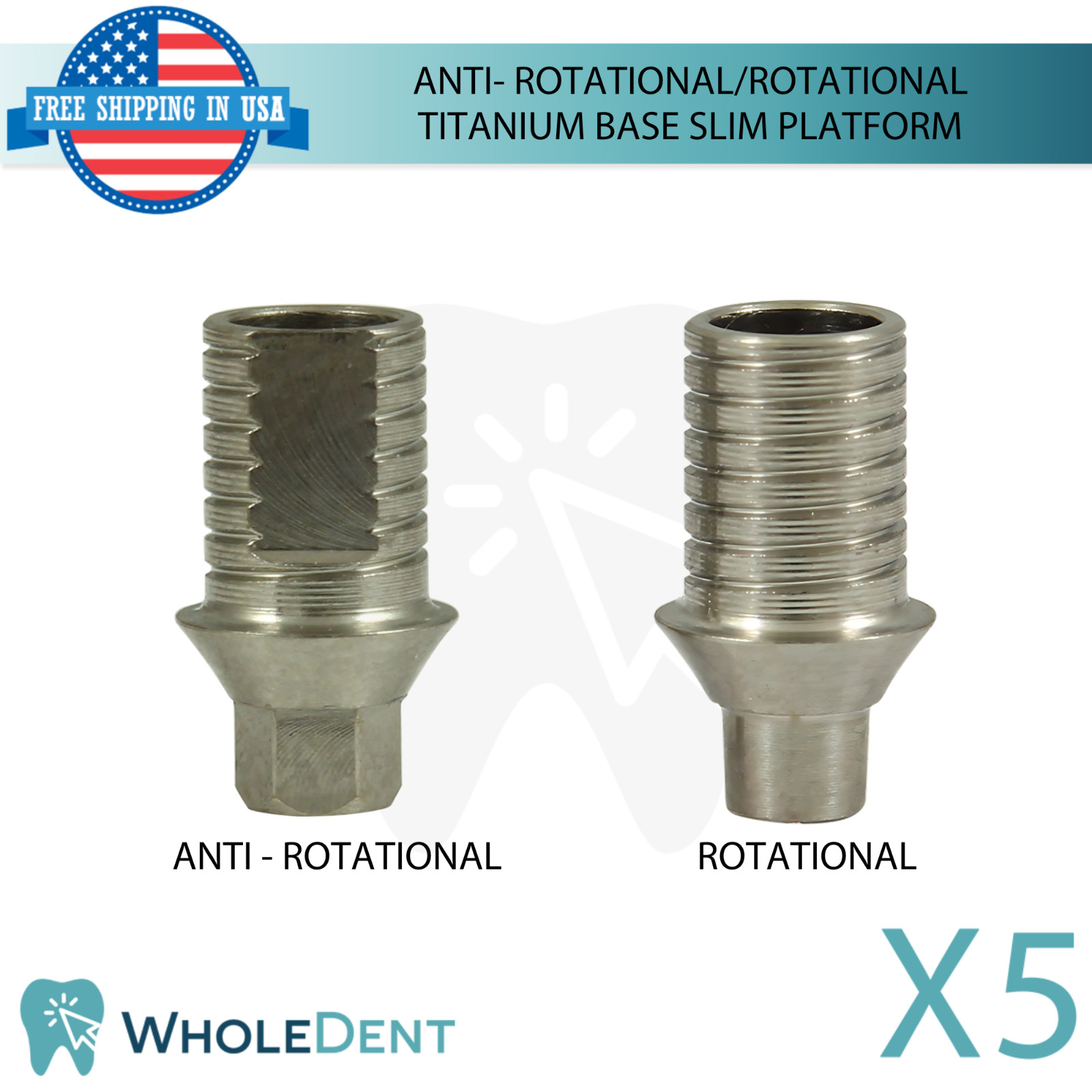 5x Dental Anti-Rotational / Rotational Titanium Base Slim Platform Int Hex 2mm