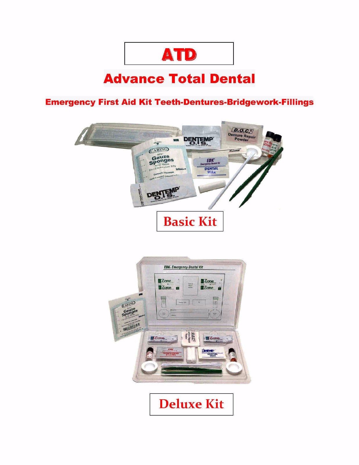 EDK Emergency Dental 1st Aid Kits Deluxe and Mini Kits Bridges-Fillings-Denture