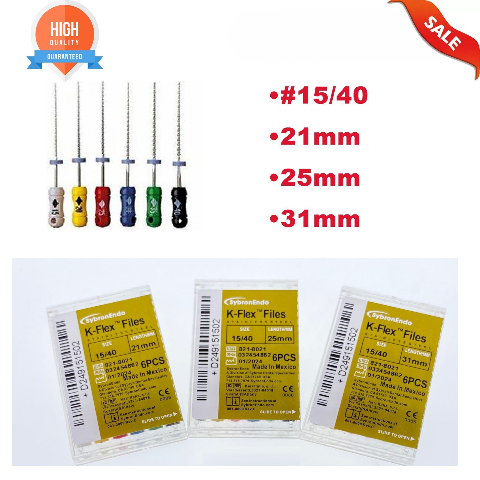 Sybron Endo Dental 21/25/31mm Stainless Steel K-FLEX file 6-file /box 15/40