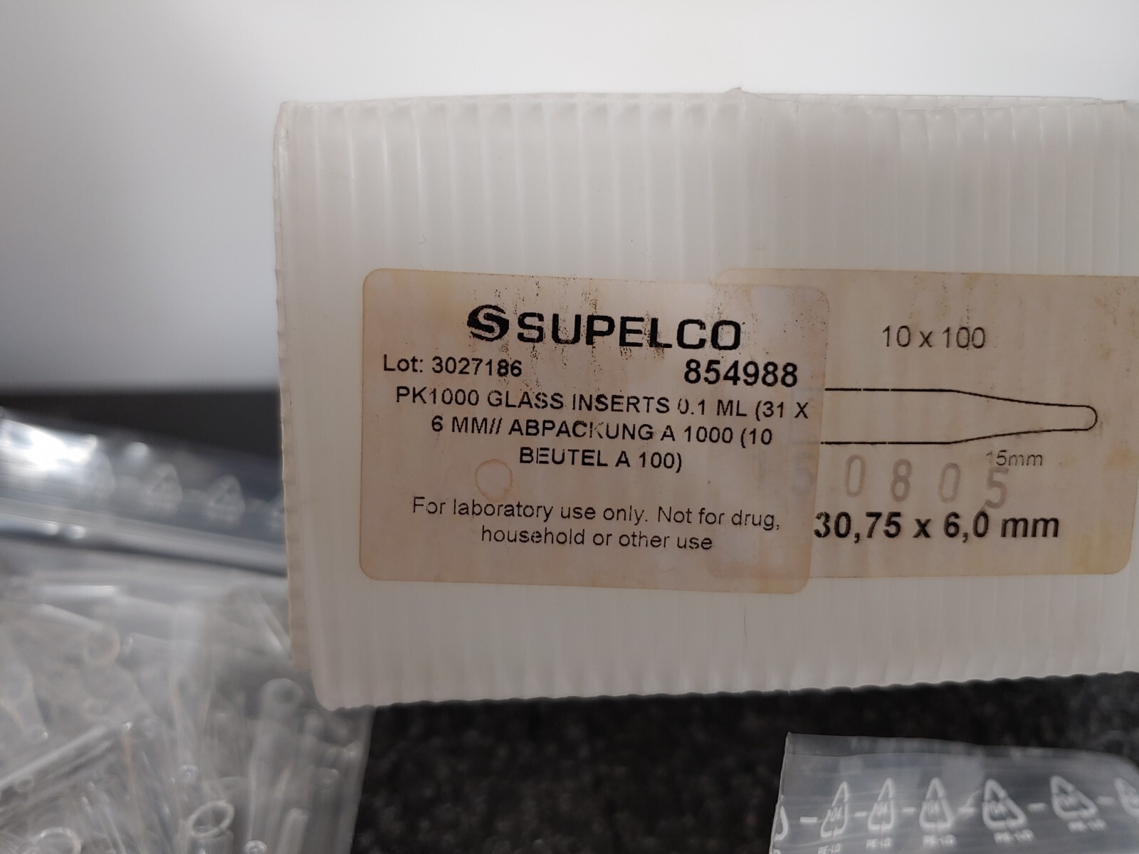 SUPELCO 854988 PK1000 Glass Inserts 0.1ML 31X6mm