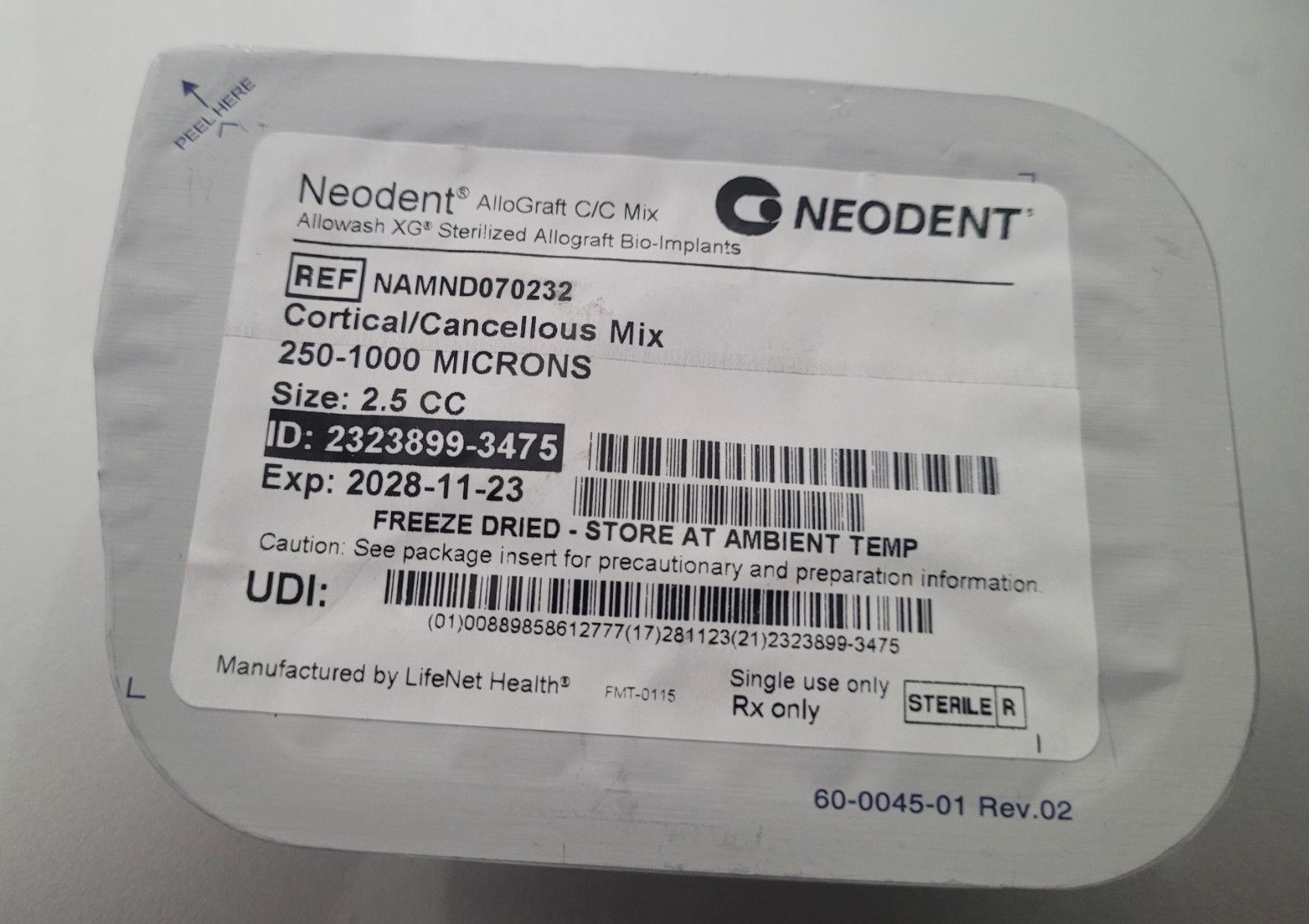 Neodent AlloGraft Cortical Cancellous Mix. 250-1000 Microns. 2.5cc