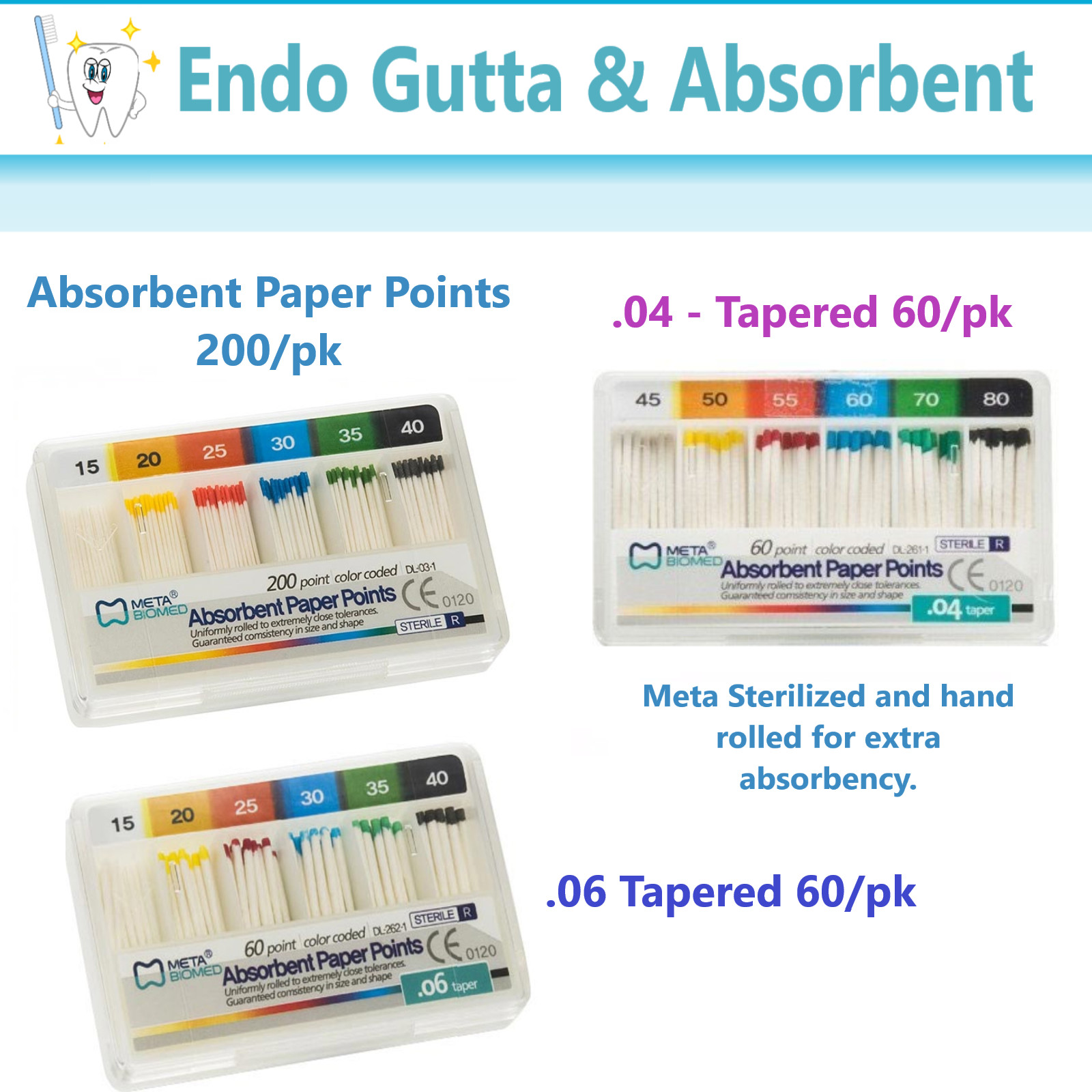 Dental GUTTA PERCHA POINTS /ABSORBENT Paper Points, Standart #10 #25 Meta 200/pk