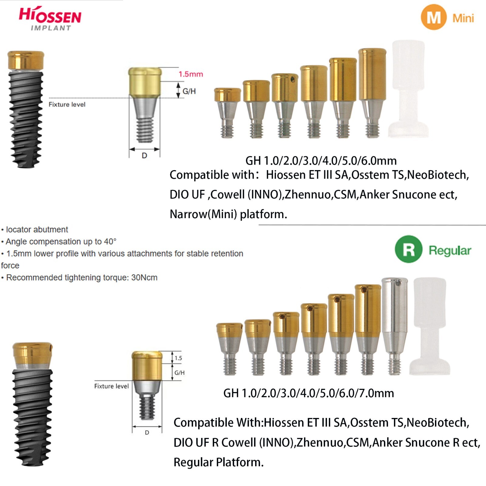 US Overdenture Locator Abutment Fits Hiossen/Nobel/Adin/Zimmer TSV/MIS Platform