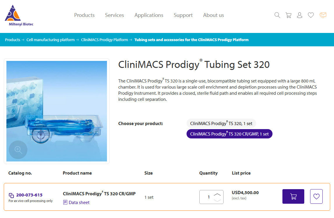 Miltenyi Biotec CliniMACS Prodigy Tubing Set 320 REF 200-073-615 EXP 2026-03-19