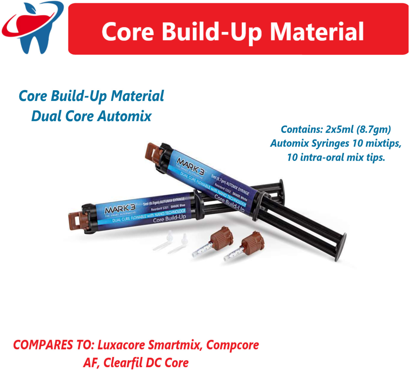 Dental Dual Cure Core Build Up Material, Automix Syringe, Blue, White, A3, USA