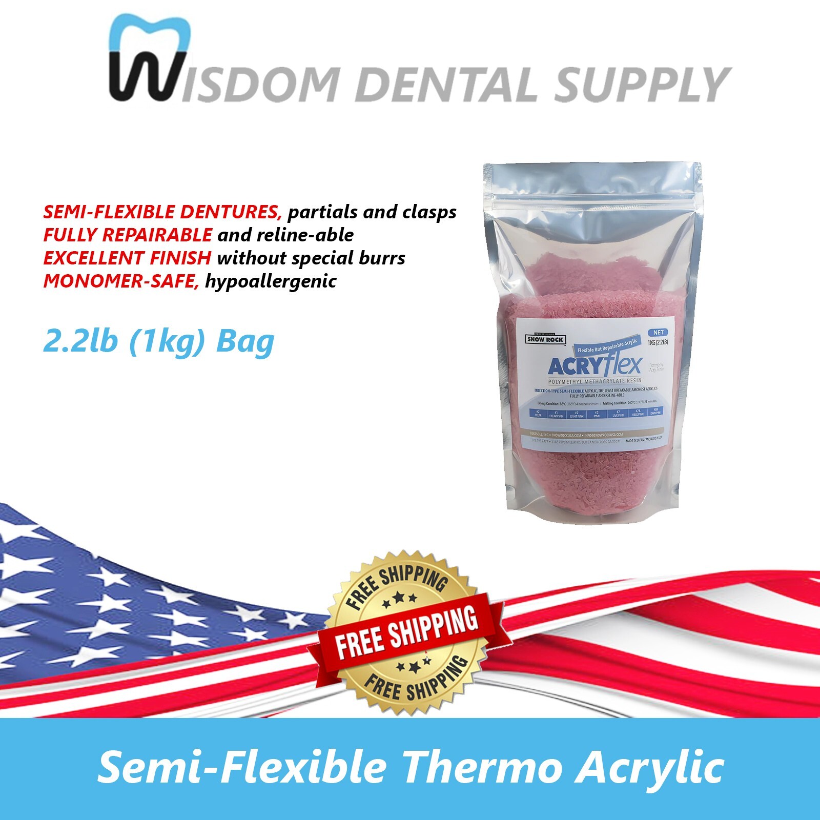 NEW! #3 PINK Semi-Flexible Thermo AcryFlex – 2.2lb (1kg) Bag – Hypoallergenic