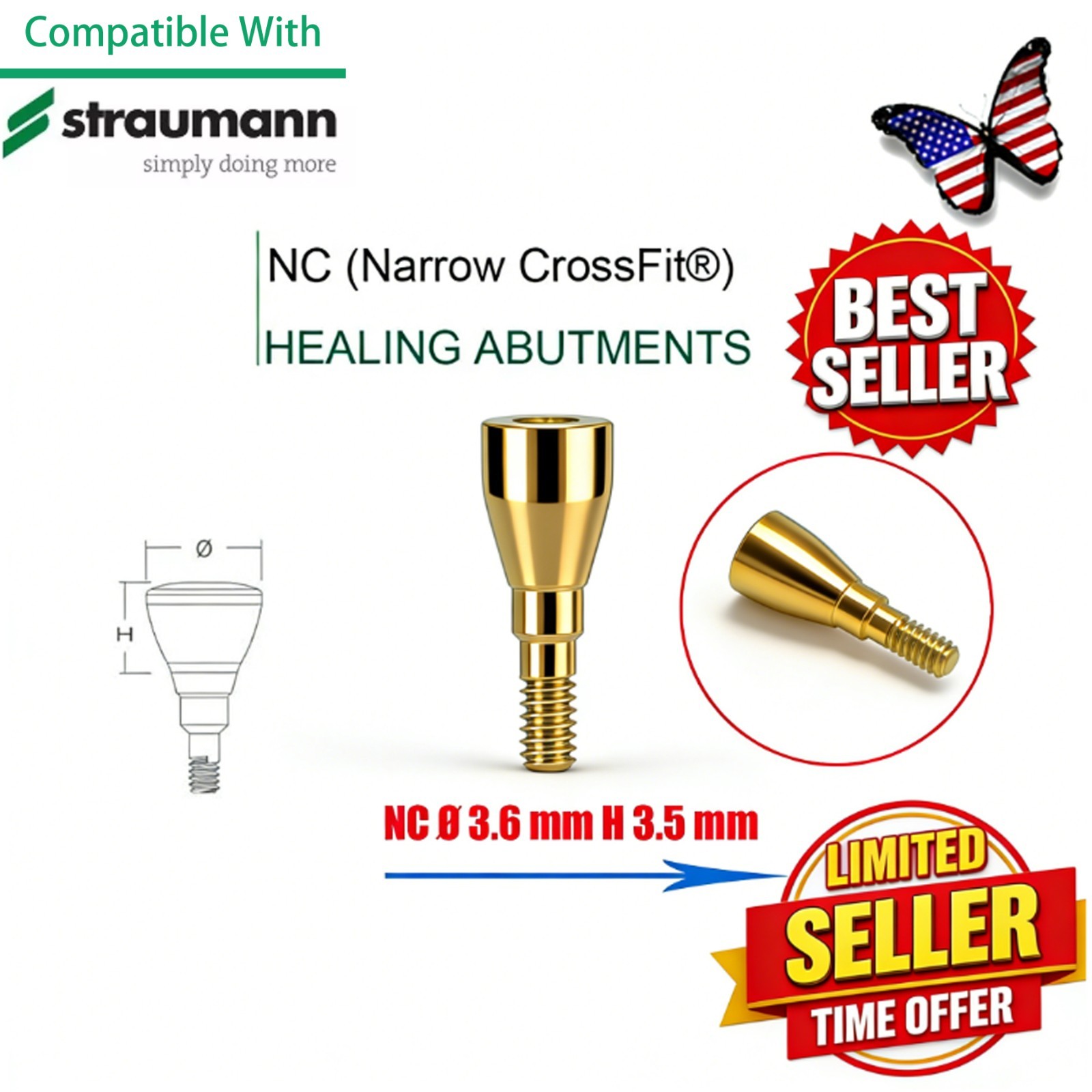 NC Titanium Healing Abutment & Closure Cap Fit Straumann ITI BLT Narrow CrossFit