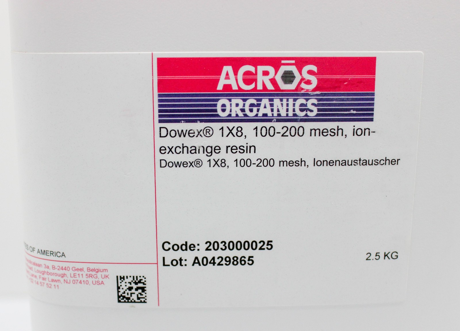 Acros Organics Dowex 1X8 Ion-Exchange Resin, 100-200 Mesh, 2.5kg Bo (3320085905)