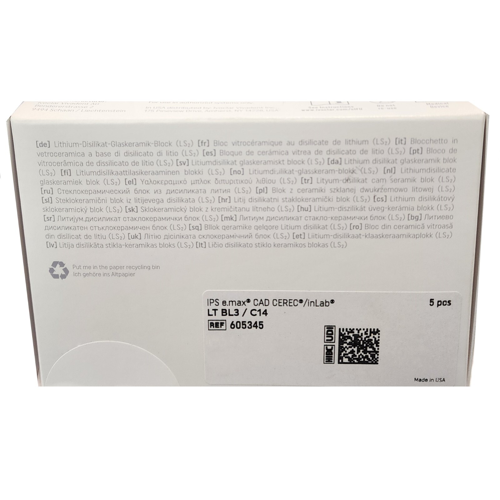 *5-Piece* Vivadent IPS E.Max CAD For CEREC/inLab LT BL3/C14 Refill 605345