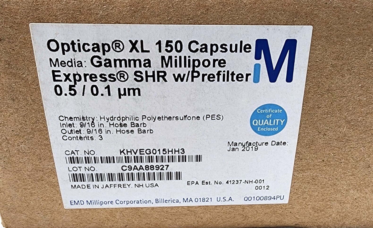 Millipore KHVEG015HH3 Opticap XL 150 Capsule Express SHR w/ prefilter 0.5/0.1 µm
