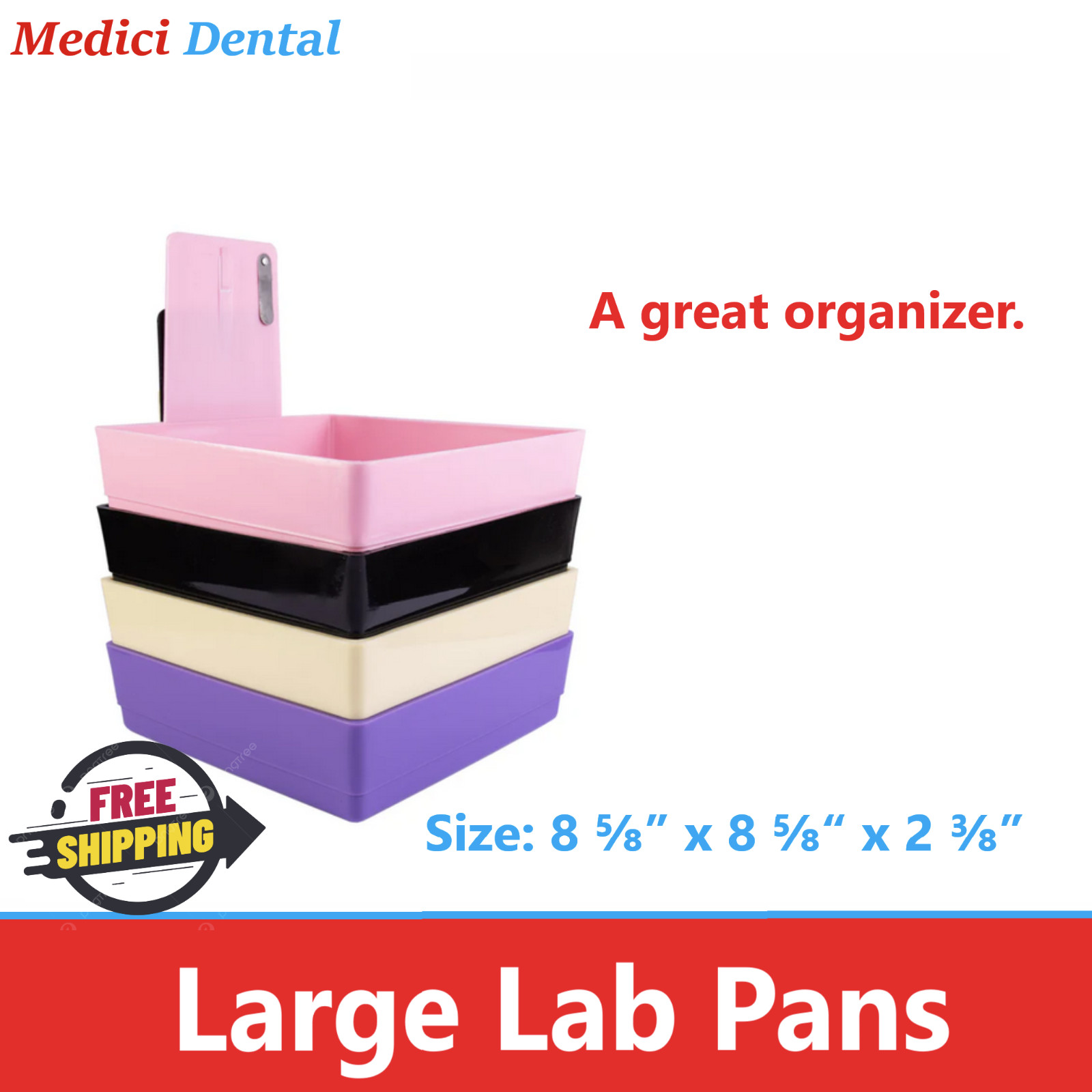 Dental Lab Pro Lab Pan Large with Metal Clip 8⅝” x 8⅝” x 2 ⅜” Deep, Choose Color