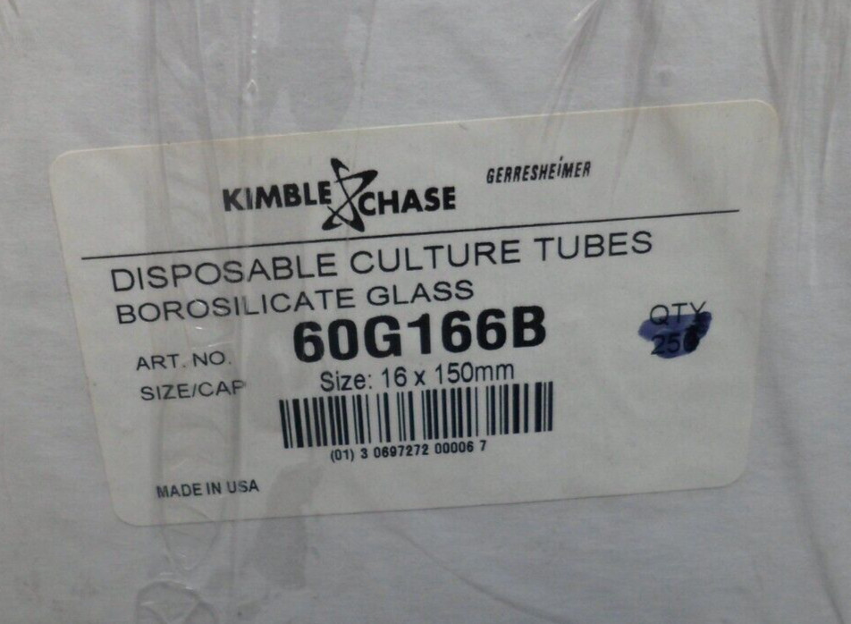 BOX OF 245 KIMBLE CHASE 60G166B 16x150mm DISPOSABLE GLASS CULTURE TUBES
