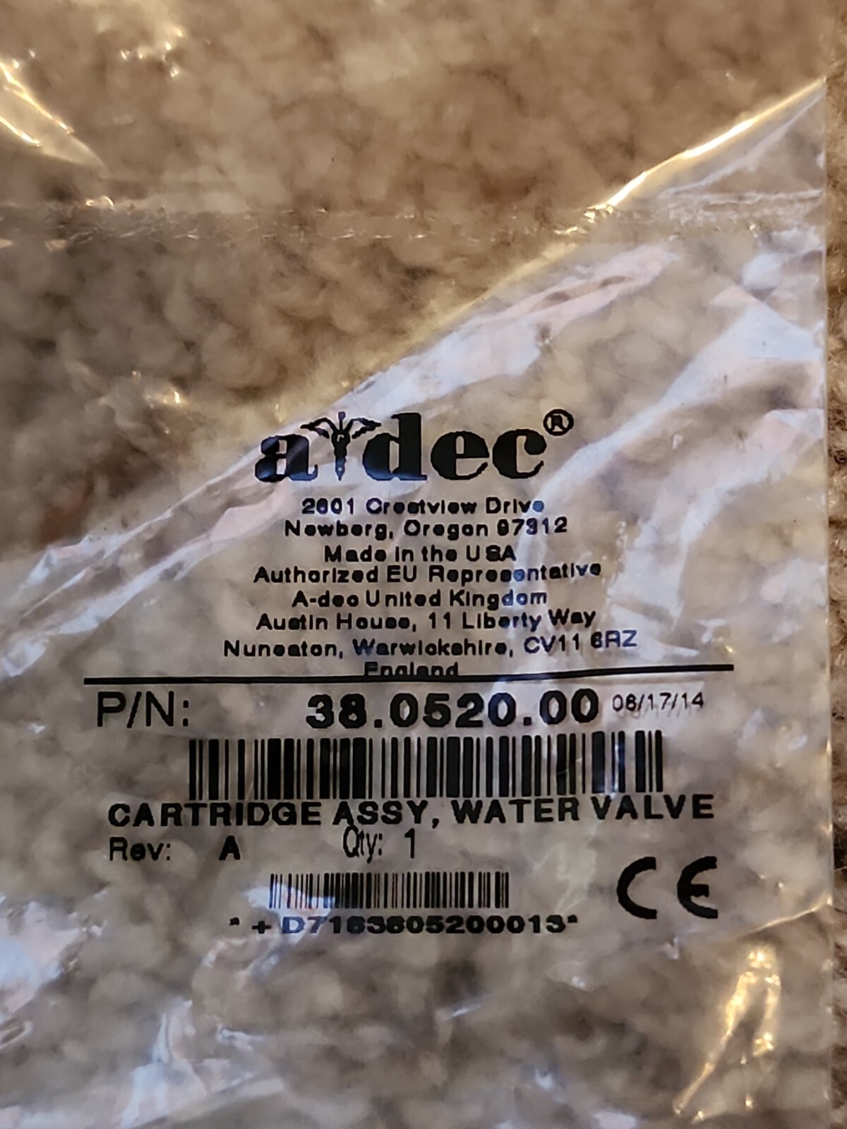 CARTRIDGE ASSY, WATER VALVE 38.0520.00