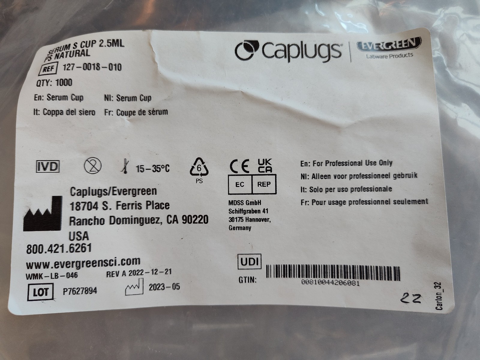 Chemistry Serum S Cup 2.5 mL Caplugs Lot of 5000 Polystyrene Non-Sterile