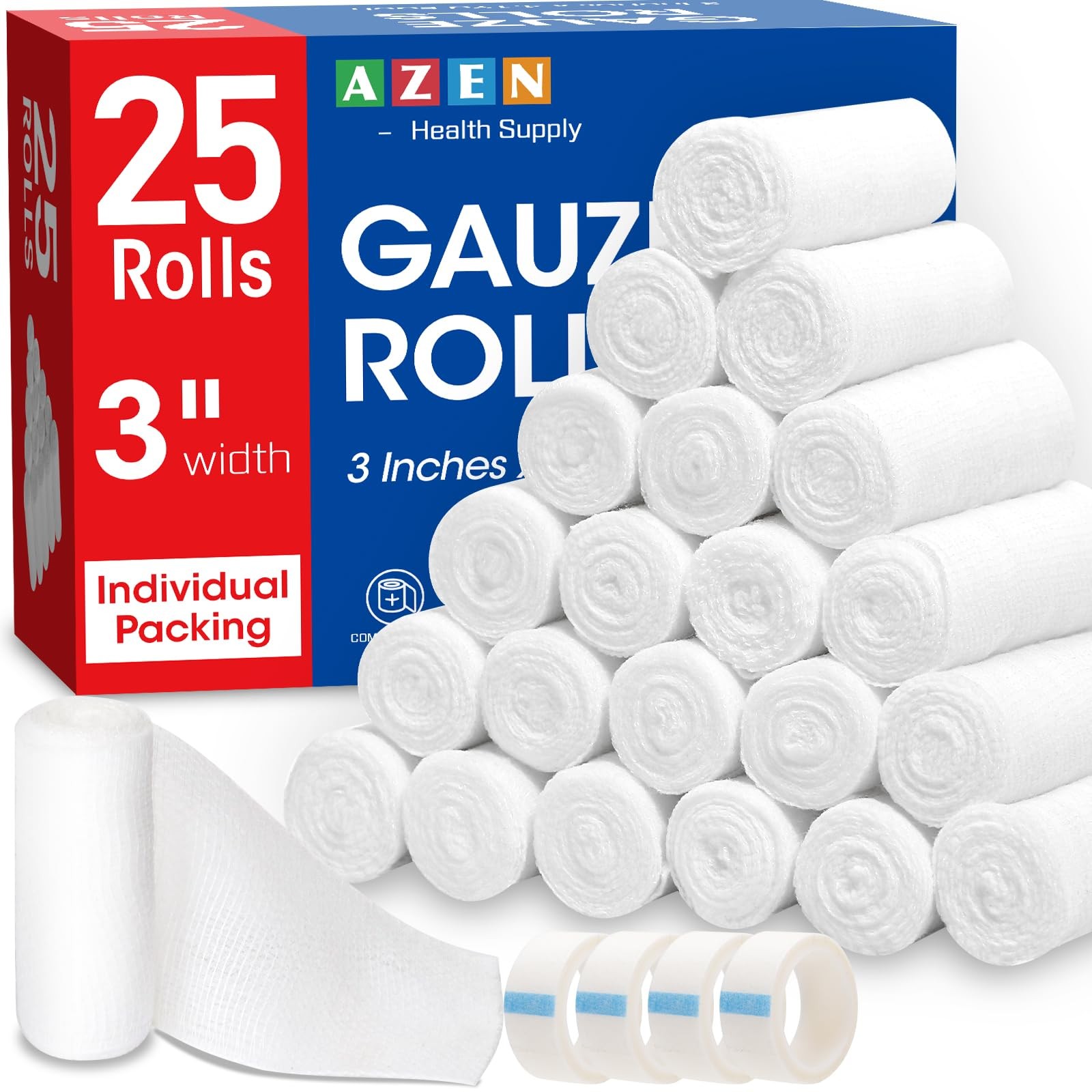 AZEN 25 Pack Gauze Rolls Bandages, 3 in x 4.1 Yards, Premium Medical 3IN, 25p